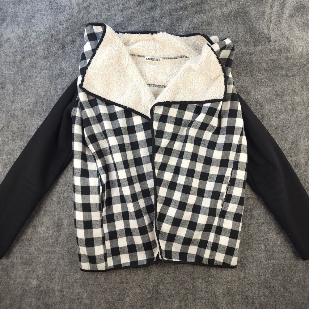 Doublju Jacket Womens Small Fleece Lined Gray Black Check No Button